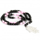 Gemstone Necklace - Hamsa/Pink & Black